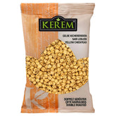 A 225g plastic pack of Kerem Yellow Chickpeas Double Roasted, with a leaf-shaped clear window. Packaging has German, Turkish, and English labeling; the protein-rich chickpeas are double roasted for extra crunch.